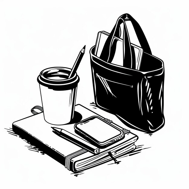 Photo a black and white drawing of a cup of pens and pencils