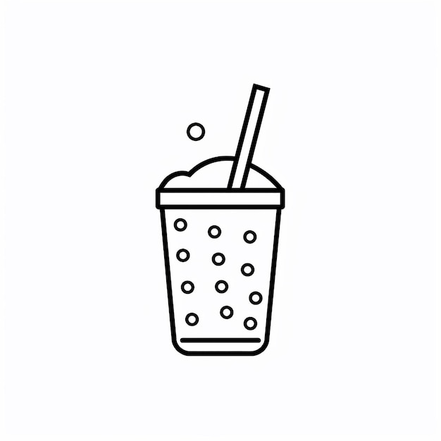 a black and white drawing of a cup of soda with a straw in it