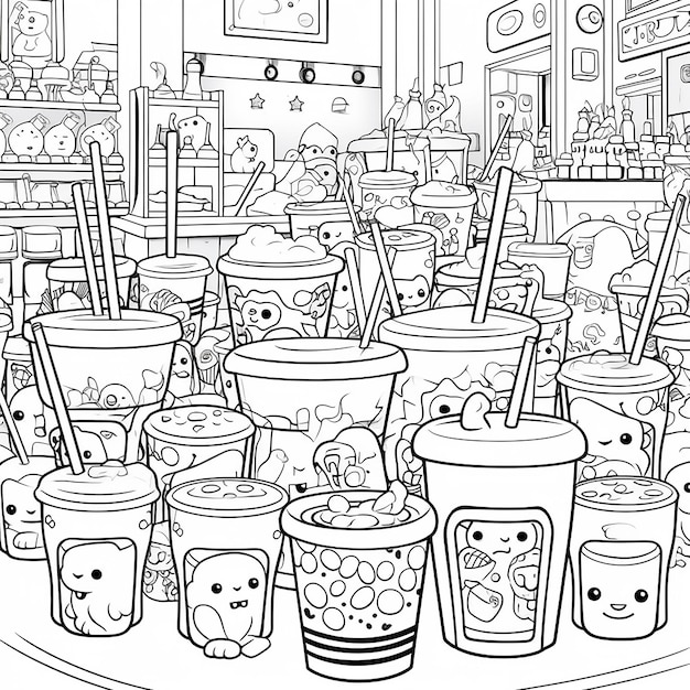 A black and white drawing of cups with the words " hello kitty " on the top.