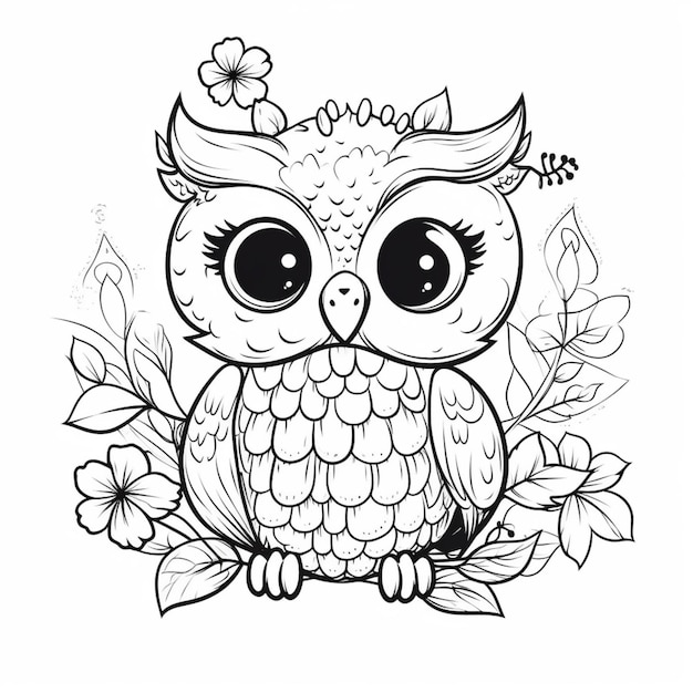 A black and white drawing of a cute owl with big eyes sits on a branch of flowers.