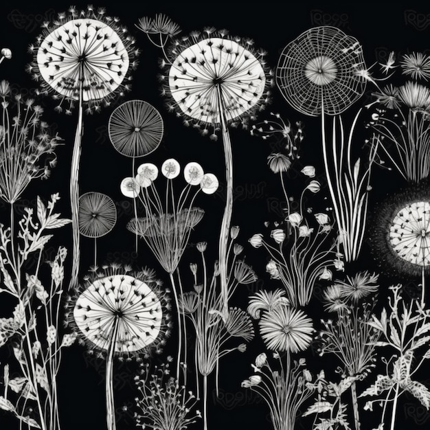 A black and white drawing of dandelions and other flowers.