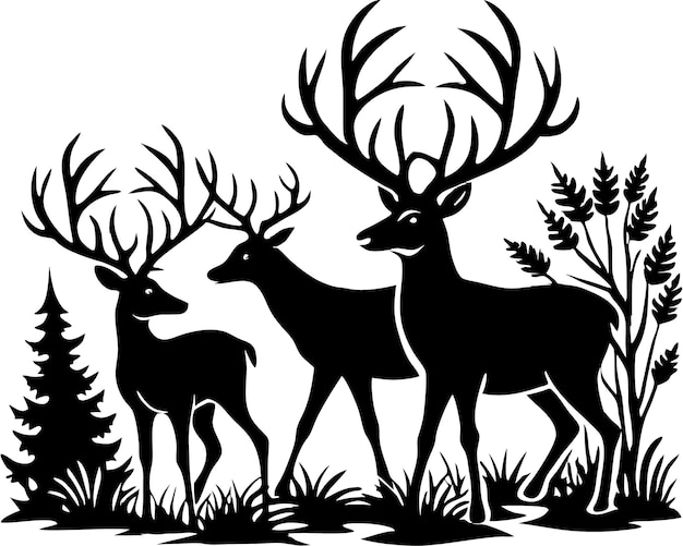 a black and white drawing of deer and deer