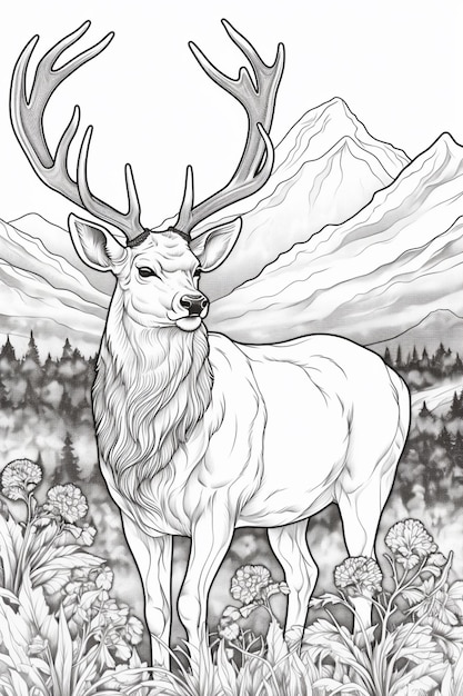 a black and white drawing of a deer in a field with mountains in the background generative ai