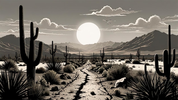 Photo a black and white drawing of a desert landscape with a moon in the background