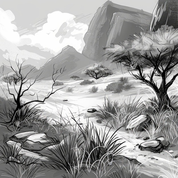 A black and white drawing of a desert landscape with a path leading through it