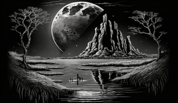 A black and white drawing of a desert scene with a moon and mountains in the background.