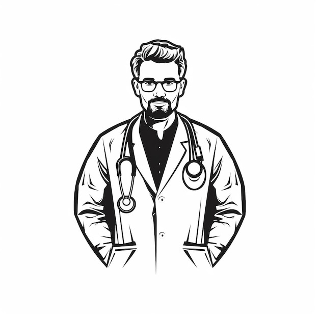 a black and white drawing of a doctor with glasses and a stethoscope