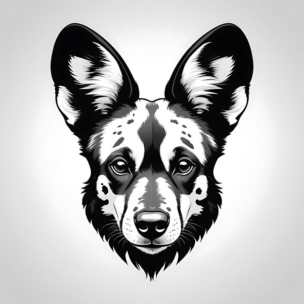 Photo a black and white drawing of a dog head with a black and white pattern