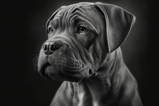 A black and white drawing of a dog with a black nose.