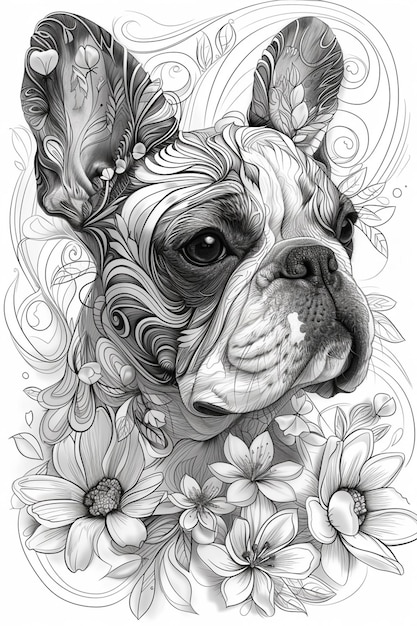 a black and white drawing of a dog with flowers generative ai