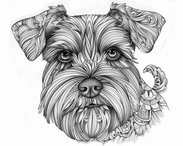 Photo a black and white drawing of a dog with flowers in the middle