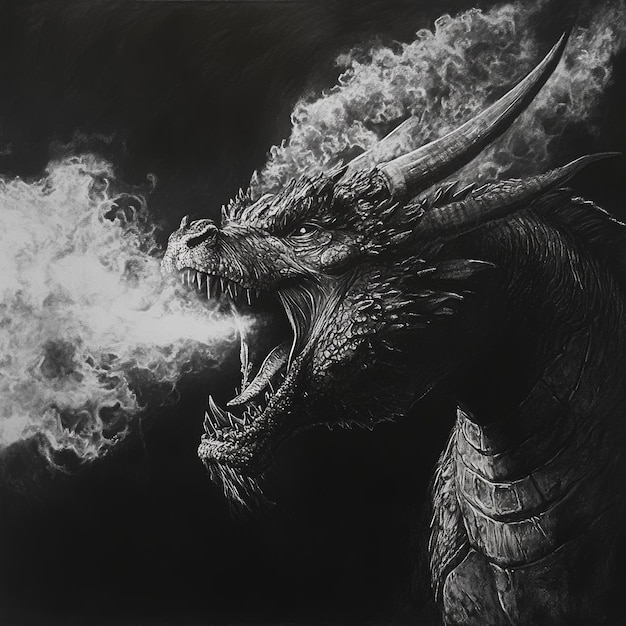 Photo a black and white drawing of a dragon with smoke coming out of it