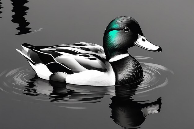 A black and white drawing of a duck in the water generative ai