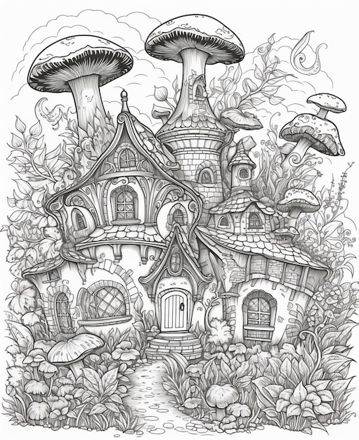 a black and white drawing of a fairy house with mushrooms generative ai