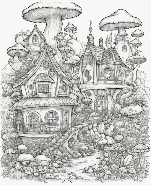 a black and white drawing of a fairy house with mushrooms generative ai