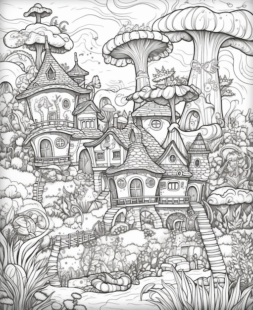 a black and white drawing of a fairy house in the woods generative ai