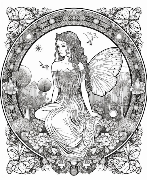 a black and white drawing of a fairy sitting in a garden generative ai