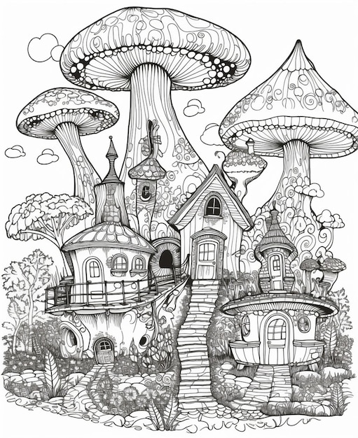 A black and white drawing of a fairy tale village with a mushroom house and a mushroom house.