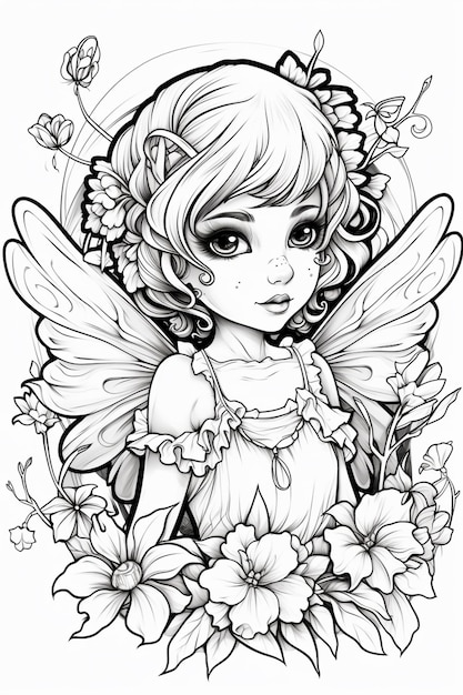 a black and white drawing of a fairy with flowers generative ai