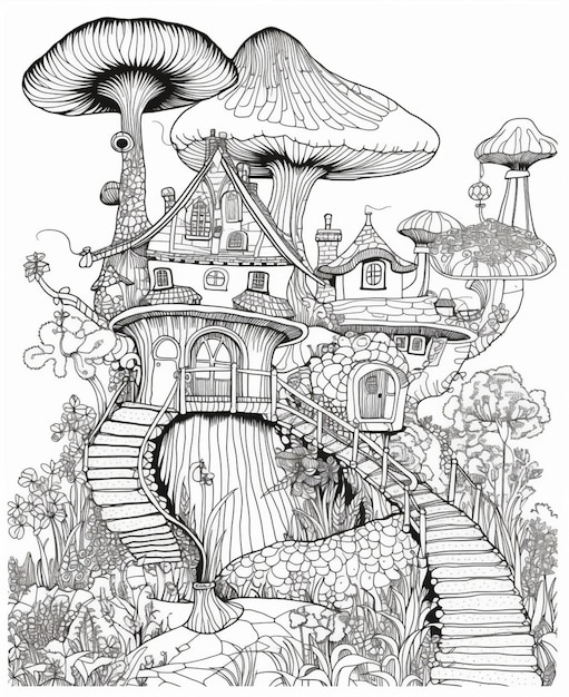 A black and white drawing of a fairytale house with a mushroom house on the top.