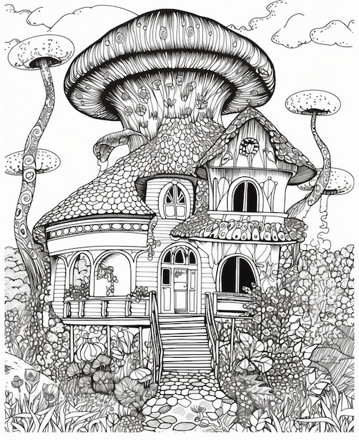 A black and white drawing of a fairytale house with a mushroom roof.