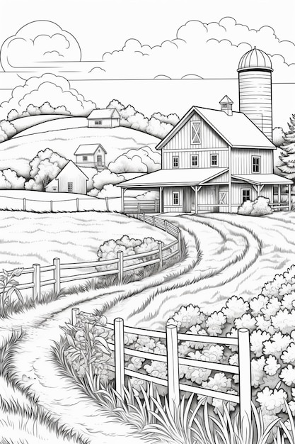 a black and white drawing of a farm with a barn and a fence generative ai