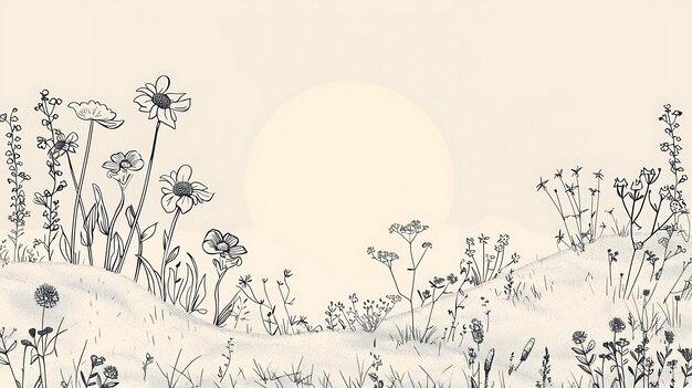 Photo black and white drawing of a field of flowers and plants with a large sun in the background