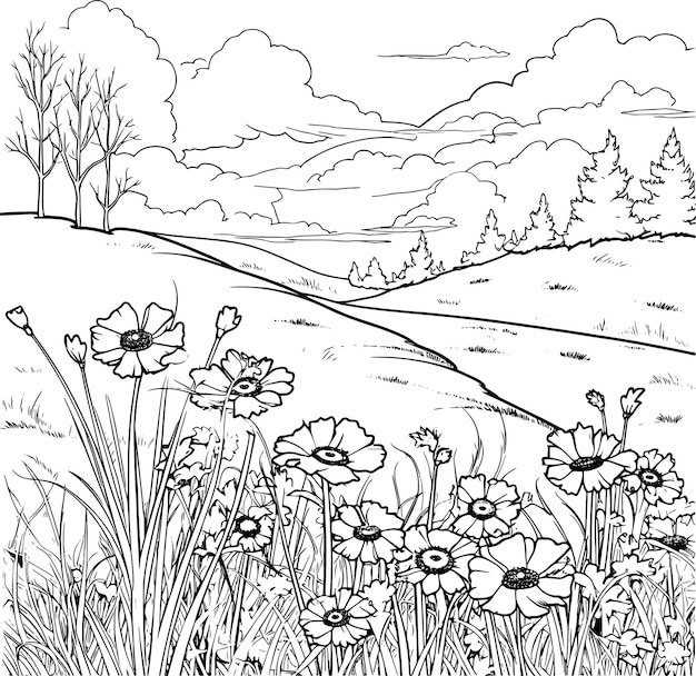 Photo a black and white drawing of a field with flowers and trees