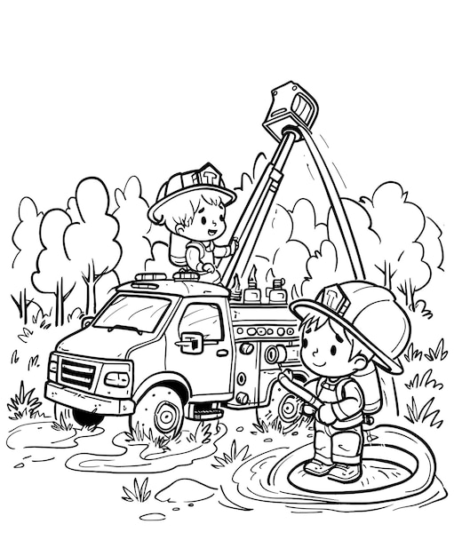 Photo a black and white drawing of a fireman and a truck