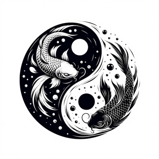 a black and white drawing of a fish and the moon