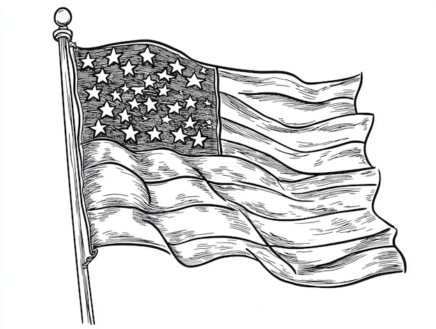 a black and white drawing of a flag with stars and stripes