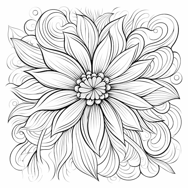 a black and white drawing of a flower with a large center.