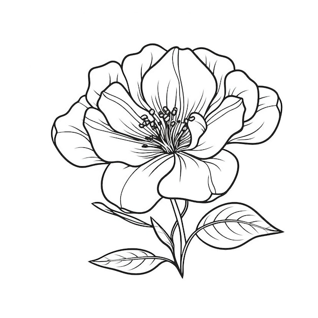 Black and white drawing of a flower with leaves and buds