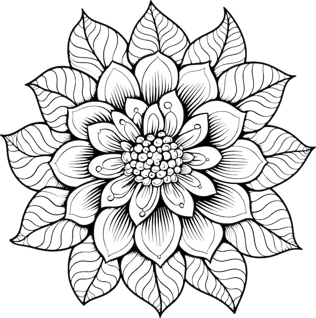 a black and white drawing of a flower with leaves and leaves