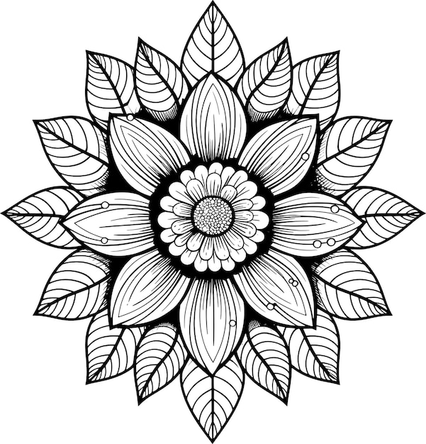 a black and white drawing of a flower with leaves and leaves