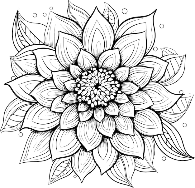 a black and white drawing of a flower with leaves and leaves