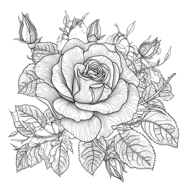 A black and white drawing of a flower with leaves and the word love on it