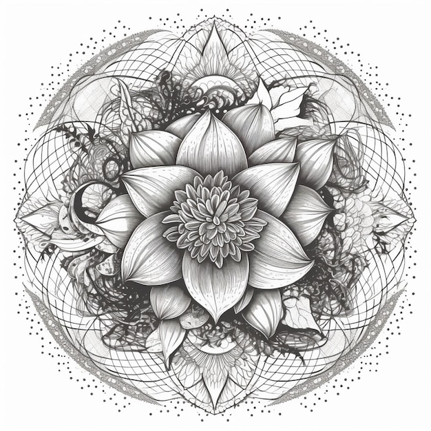 A black and white drawing of a flower with a lot of flowers generative ai