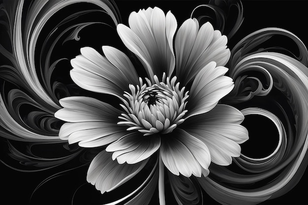 A black and white drawing of a flower with swirls generative ai