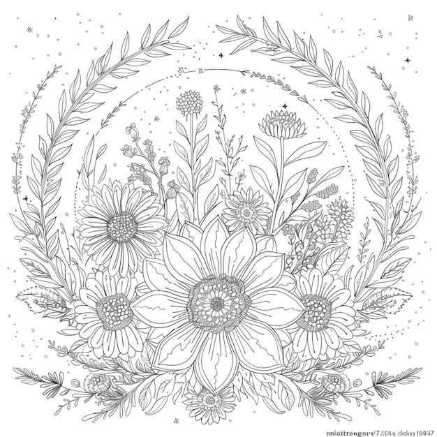 a black and white drawing of a flower wreath generative ai