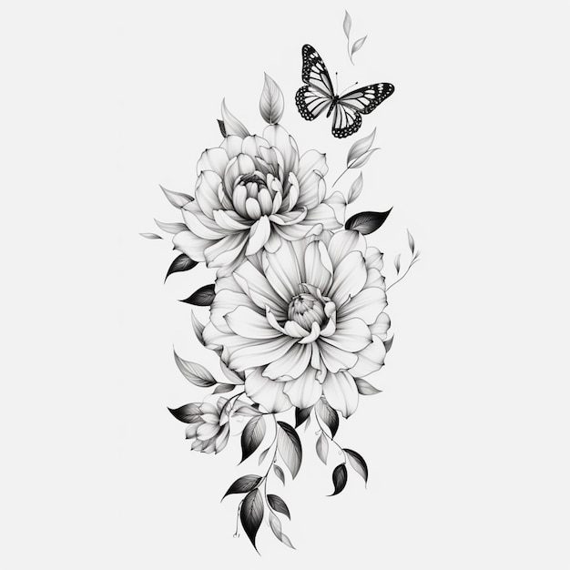 A black and white drawing of flowers and a butterfly generative ai