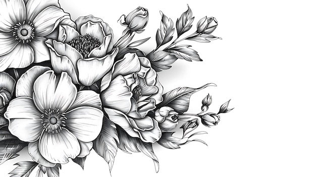 Photo a black and white drawing of flowers and leaves