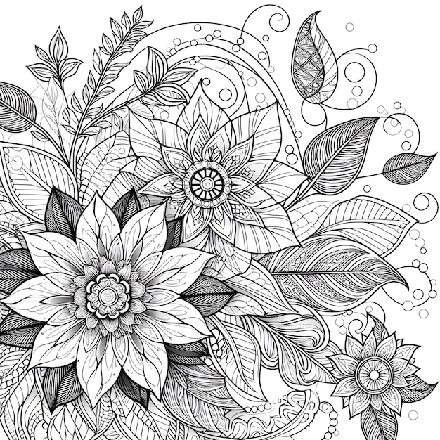 Photo a black and white drawing of flowers and leaves