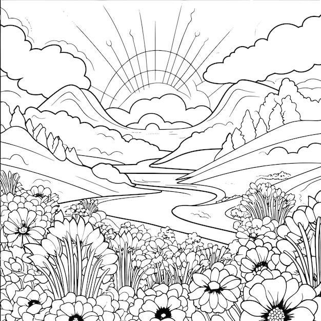 a black and white drawing of flowers and a river with the sun in the background