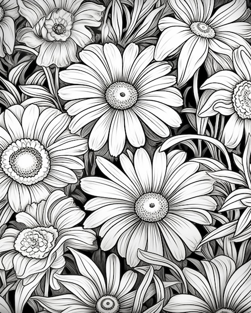 a black and white drawing of flowers with a black background generative ai