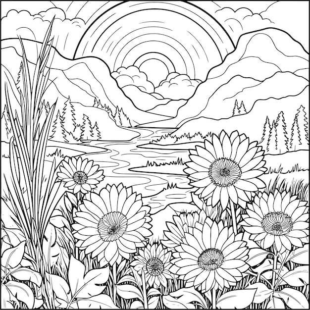 a black and white drawing of flowers with the sun in the background