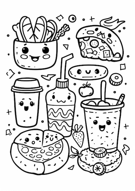 a black and white drawing of food including a jar of jam yogurt and a jar of yogurt