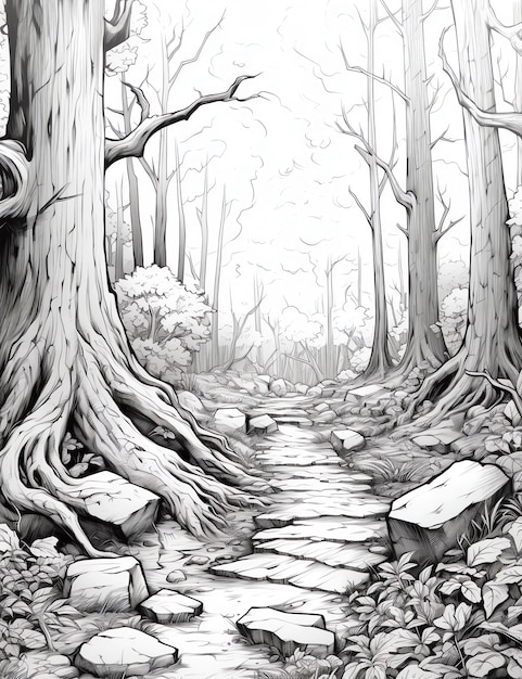 a black and white drawing of a forest path with trees and rocks