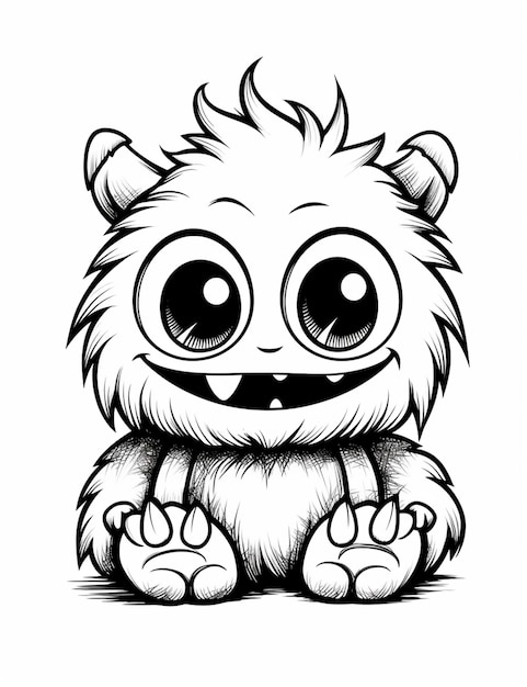 a black and white drawing of a furry monster with big eyes generative ai