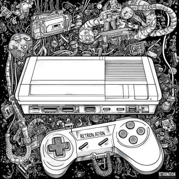 Photo a black and white drawing of a game controller with a picture of a game controller